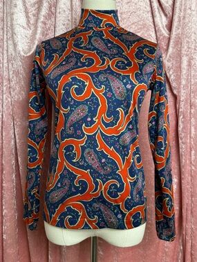 Vintage 70s Profile Ski Wear Paisley Ornate Pattern Mock Neck Long Sleeve Shirt